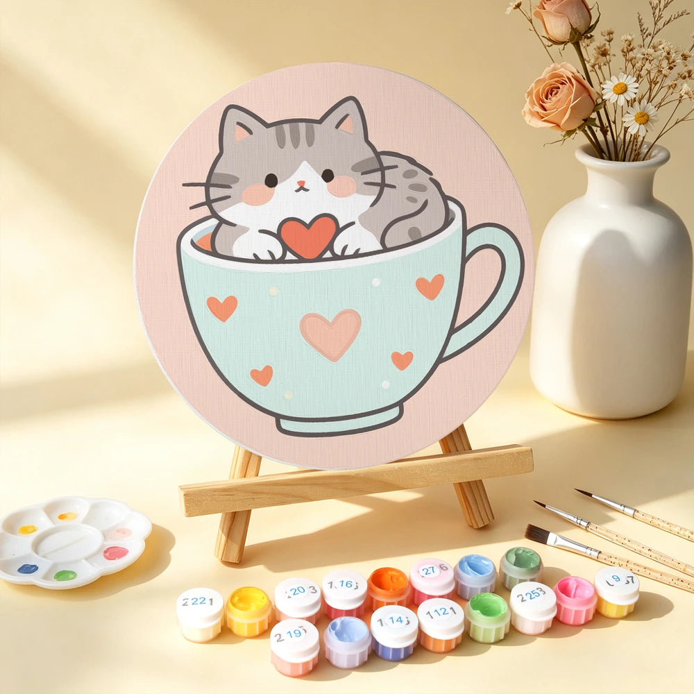 Paint by Numbers – 6 Mini Paintings | Kittens in Teacups (Round)