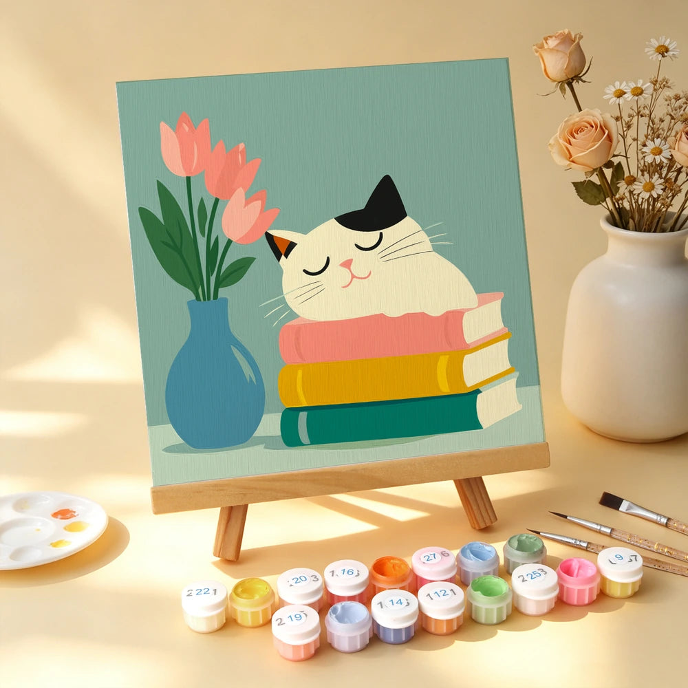 
Paint by Numbers – 6 Mini Paintings | Reading Cats with Books (Square)