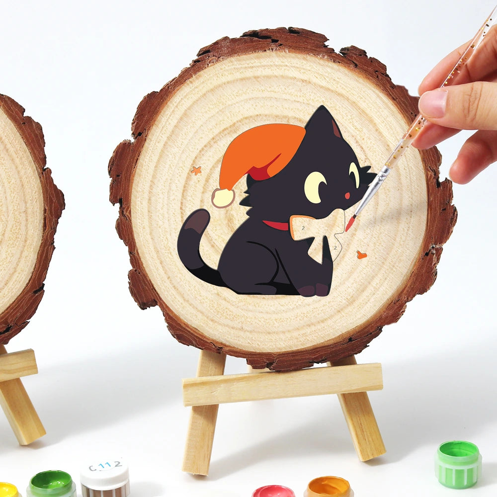 
Paint by Numbers - Wood Slice | Black Cat with an Orange Hat