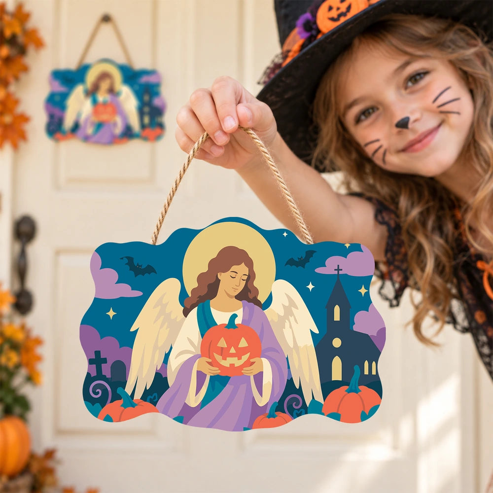 Paint by Numbers - Wooden Door Hanger | Angel with a Jack-o'-Lantern