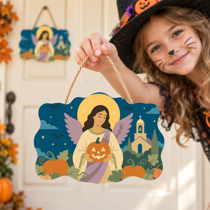 Paint by Numbers - Wooden Door Hanger | Angel with a Jack-o'-Lantern by the Church
