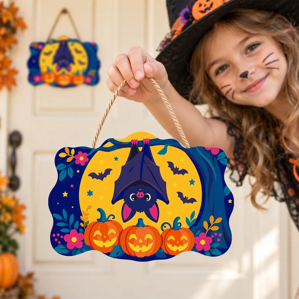 Paint by Numbers - Wooden Door Hanger | Bat Hanging Over the Pumpkins