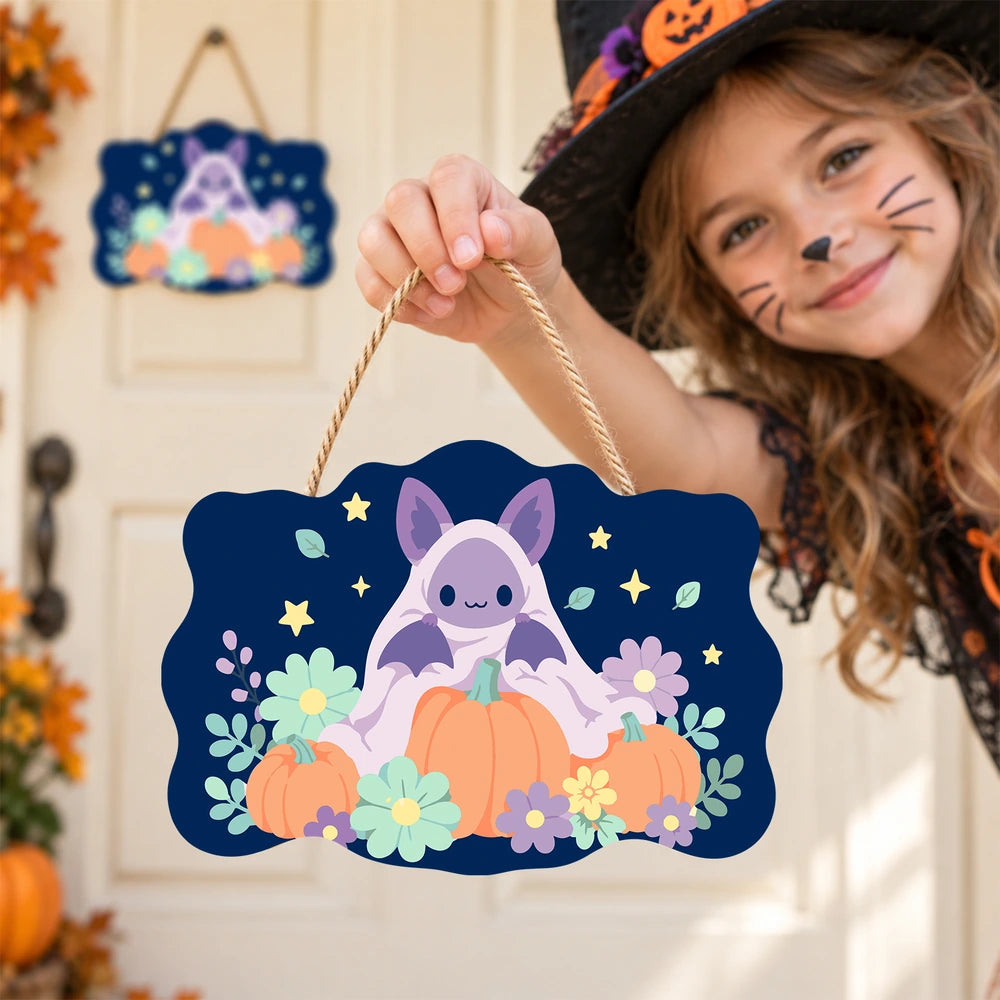 Paint by Numbers - Wooden Door Hanger | Bat on a Pumpkin with Flowers