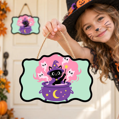 Paint by Numbers - Wooden Door Hanger | Black Cat Magician in the Cauldron