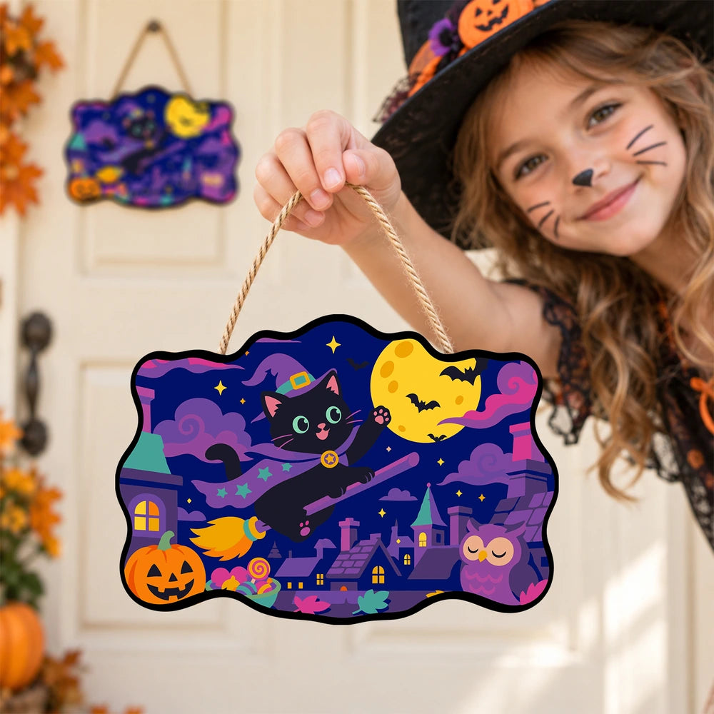 
Paint by Numbers - Wooden Door Hanger | Black Cat Witch Flying Over Town