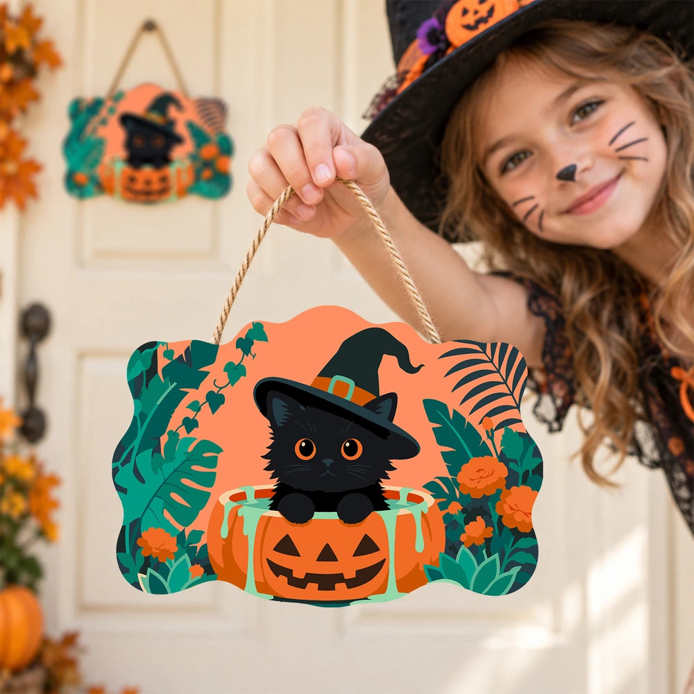 Paint by Numbers - Wooden Door Hanger | Black Cat Witch in a Pumpkin Tub