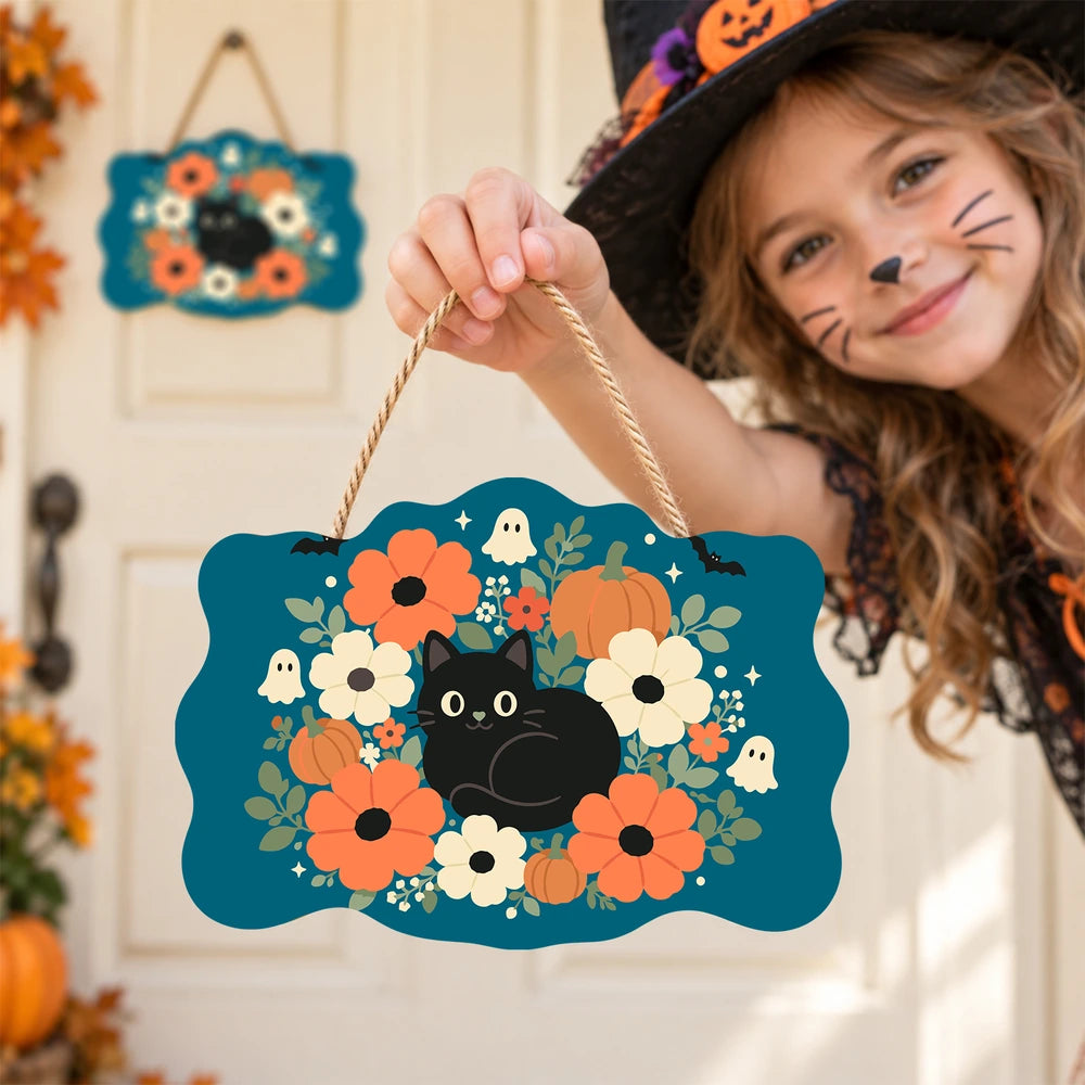 
Paint by Numbers - Wooden Door Hanger | Black Cat in a Flower Wreath