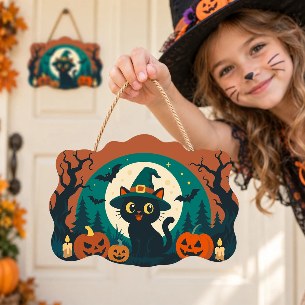 Paint by Numbers - Wooden Door Hanger | Black Cat in a Witch Hat with Pumpkins