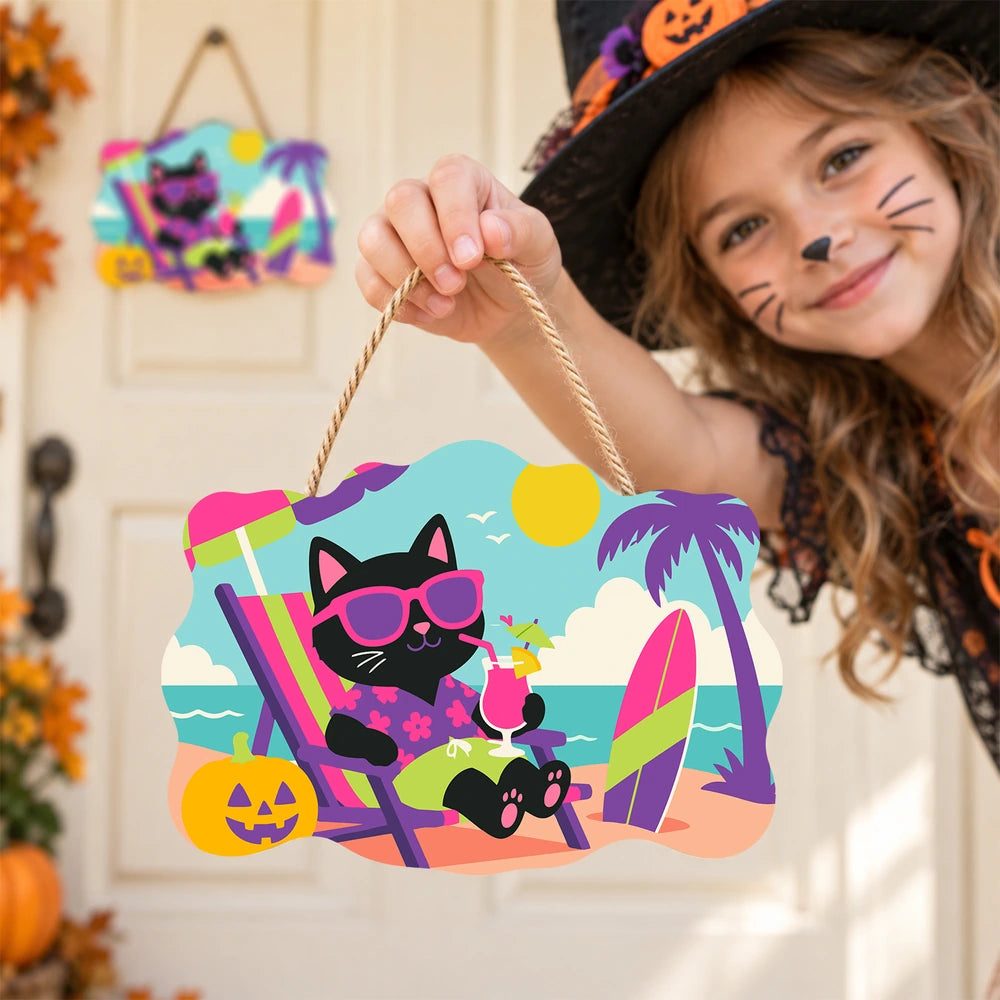 Paint by Numbers - Wooden Door Hanger | Black Cat on Vacation
