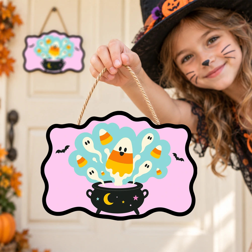 Paint by Numbers - Wooden Door Hanger | Candy Corn Ghosts in the Cauldron