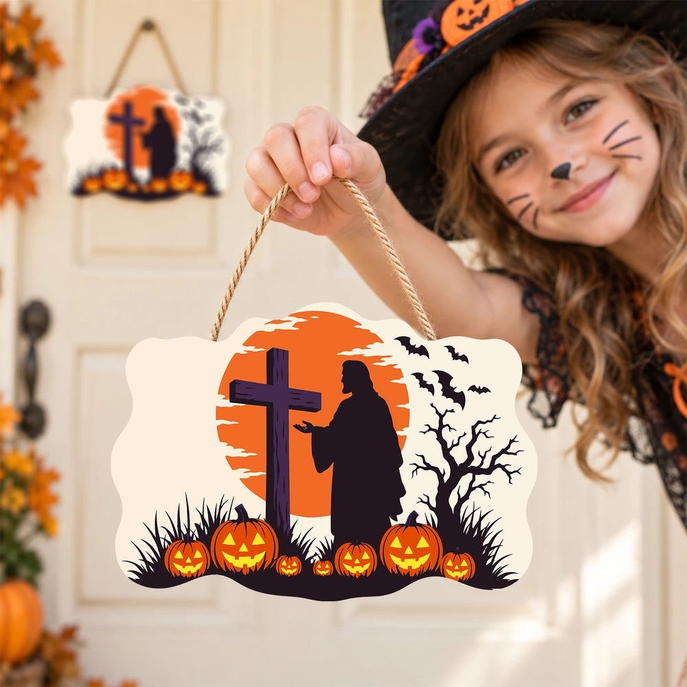 Paint by Numbers - Wooden Door Hanger | Cross at Sunset with Pumpkins