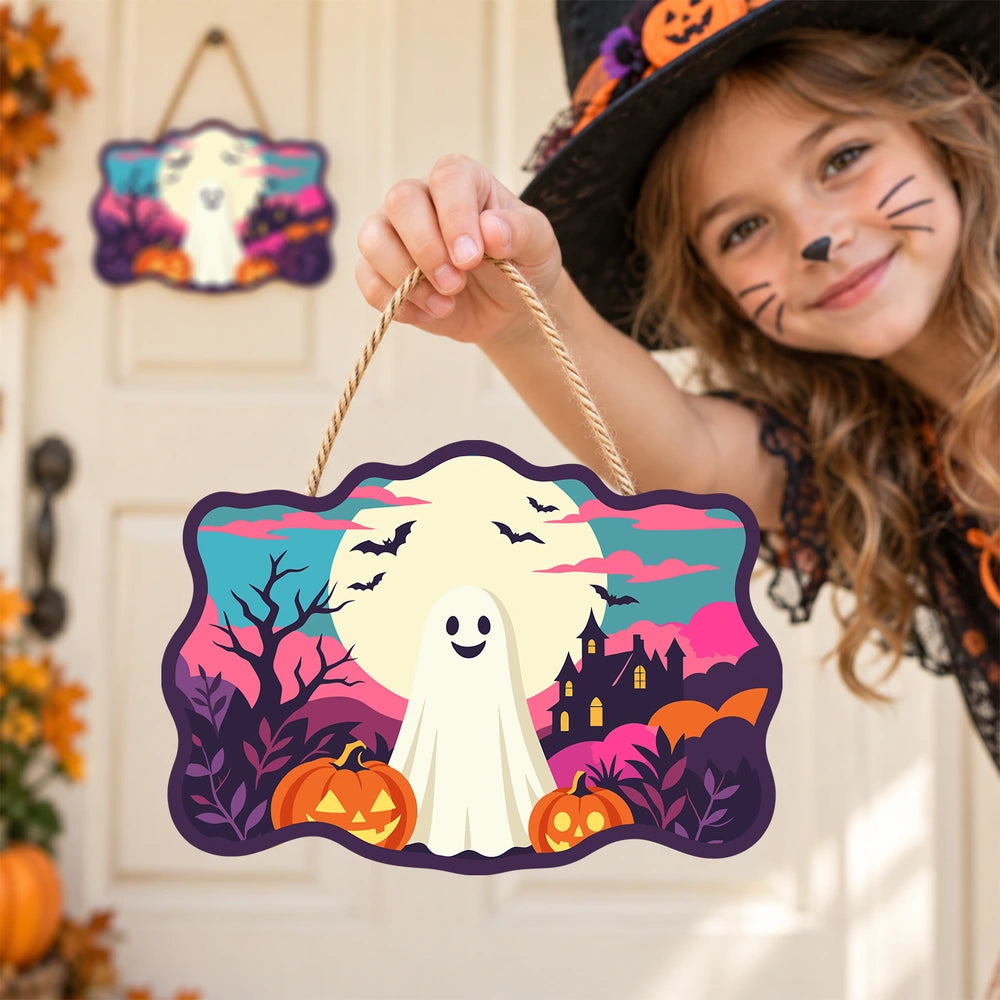 Paint by Numbers - Wooden Door Hanger | Friendly Ghost Under the Full Moon