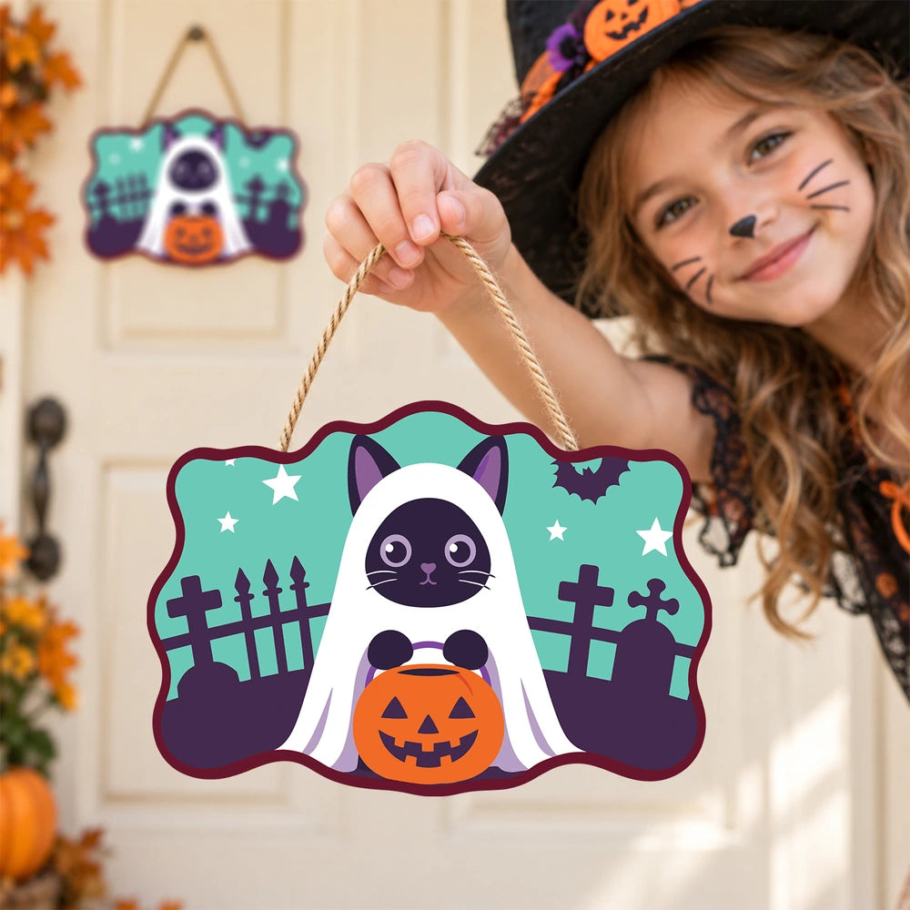 
Paint by Numbers - Wooden Door Hanger | Ghost Cat with a Pumpkin