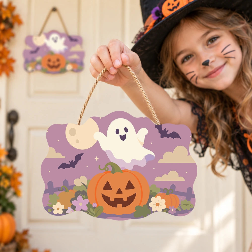 Paint by Numbers - Wooden Door Hanger | Ghost Over a Jack-o'-Lantern at Dusk