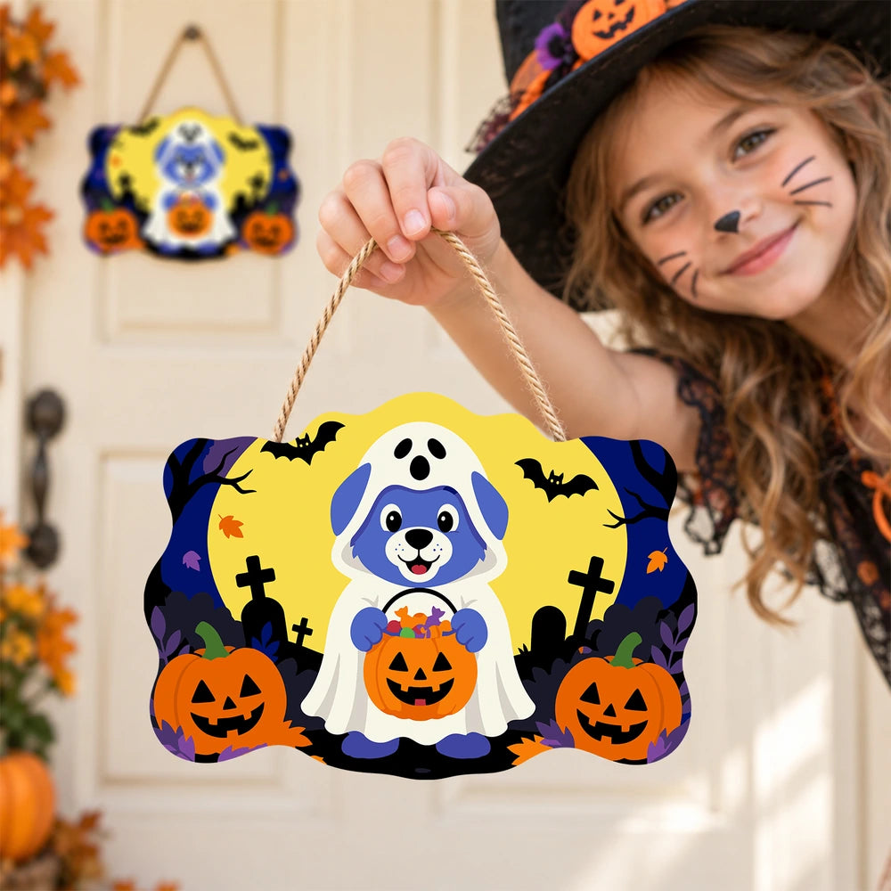 
Paint by Numbers - Wooden Door Hanger | Ghost Puppy with a Candy Bucket