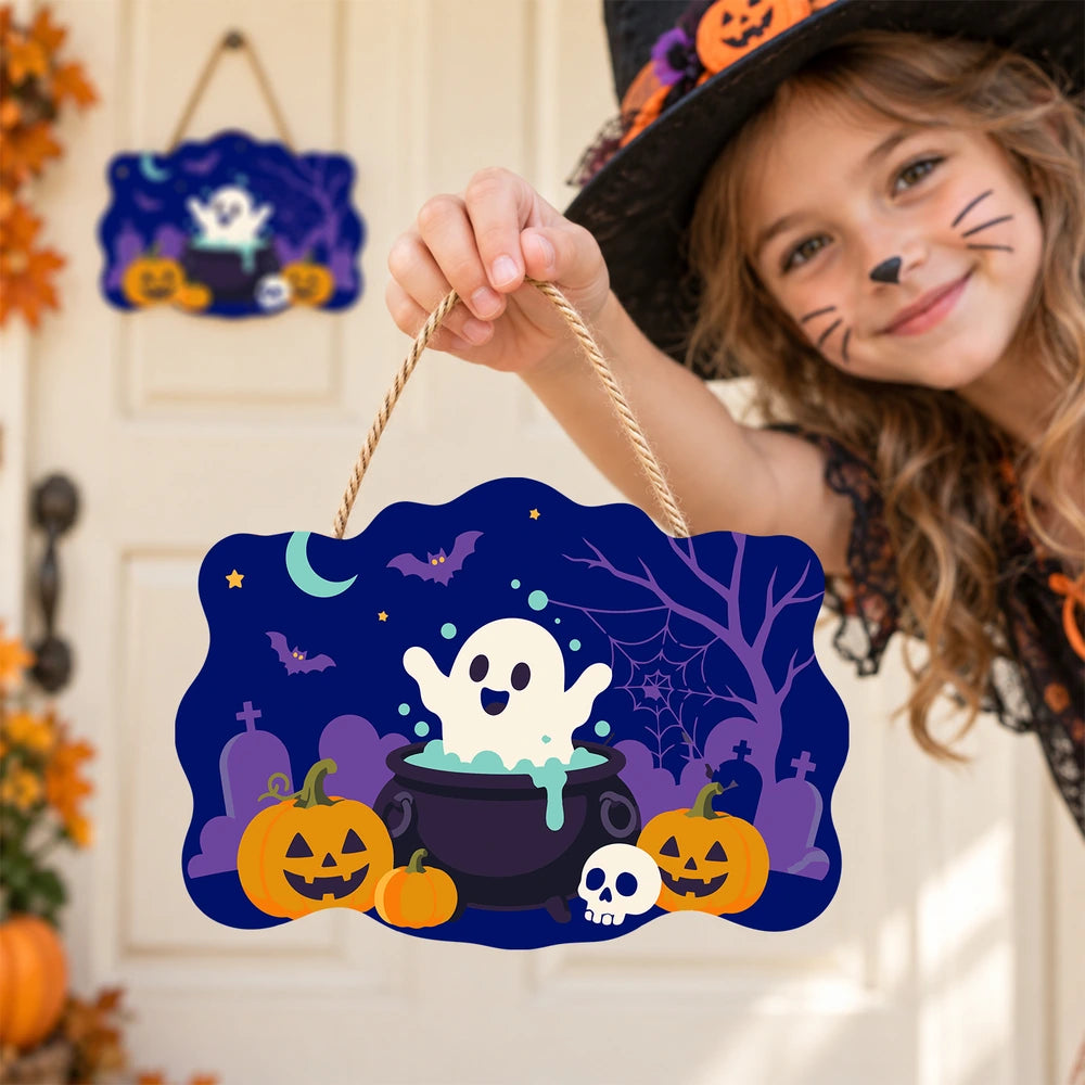 Paint by Numbers - Wooden Door Hanger | Ghost in a Cauldron in the Graveyard