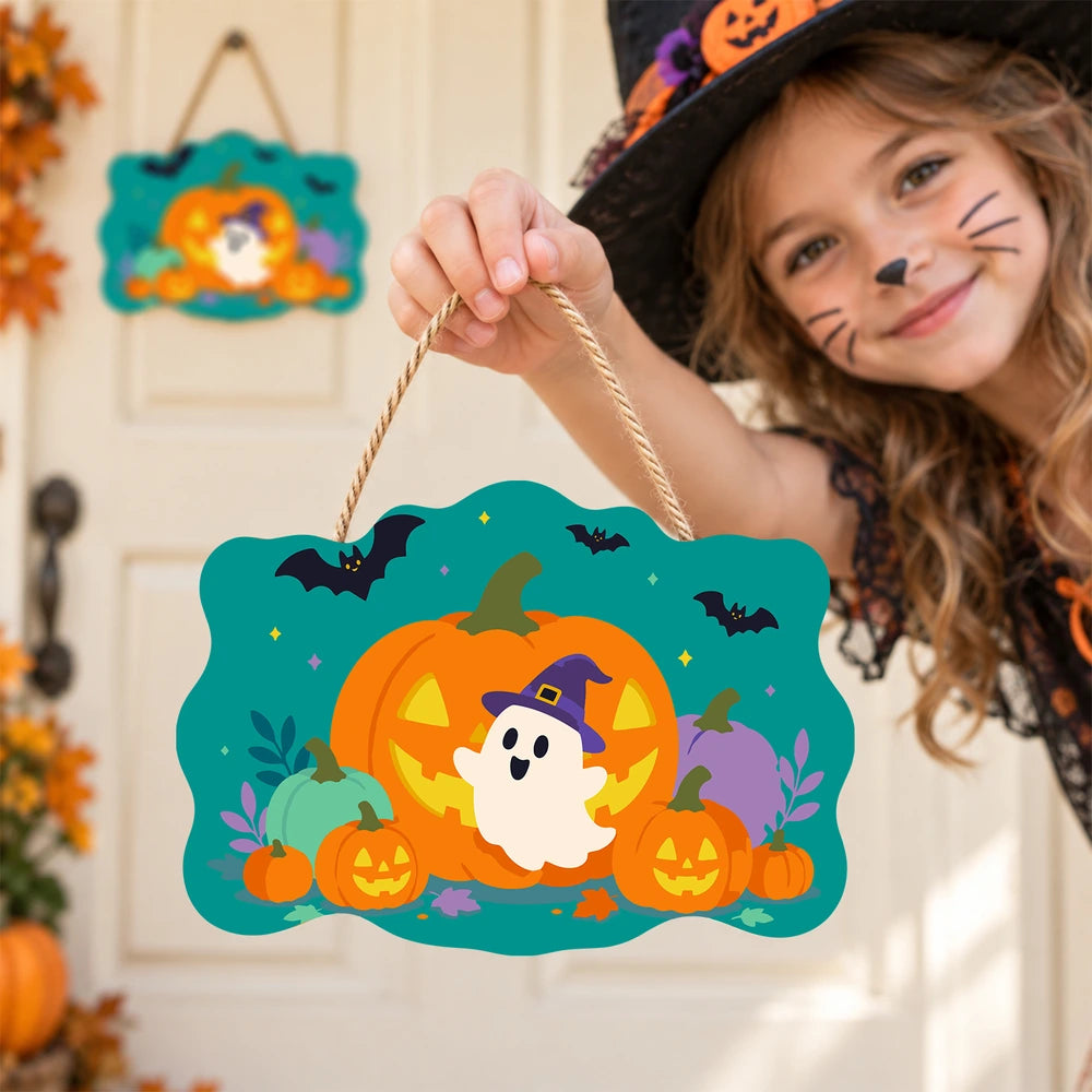 Paint by Numbers - Wooden Door Hanger | Ghost in a Witch Hat with Pumpkins
