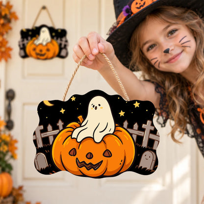 Paint by Numbers - Wooden Door Hanger | Ghost on a Jack-o'-Lantern in the Graveyard