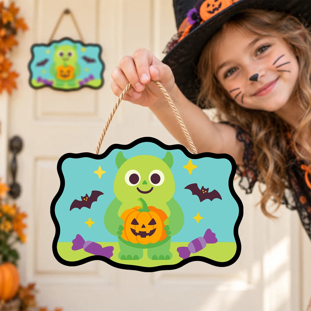 Paint by Numbers - Wooden Door Hanger | Green Monster with a Jack-o'-Lantern