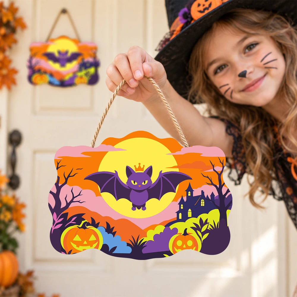 Paint by Numbers - Wooden Door Hanger | Happy Bat Over the Pumpkin Patch