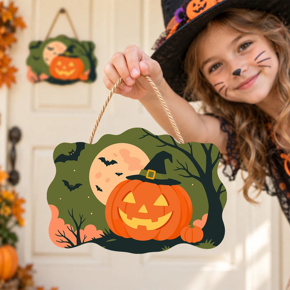 
Paint by Numbers - Wooden Door Hanger | Jack-o'-Lantern in a Witch Hat