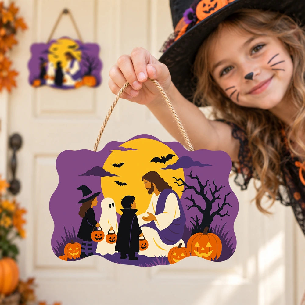 Paint by Numbers - Wooden Door Hanger | Jesus with Trick-or-Treaters