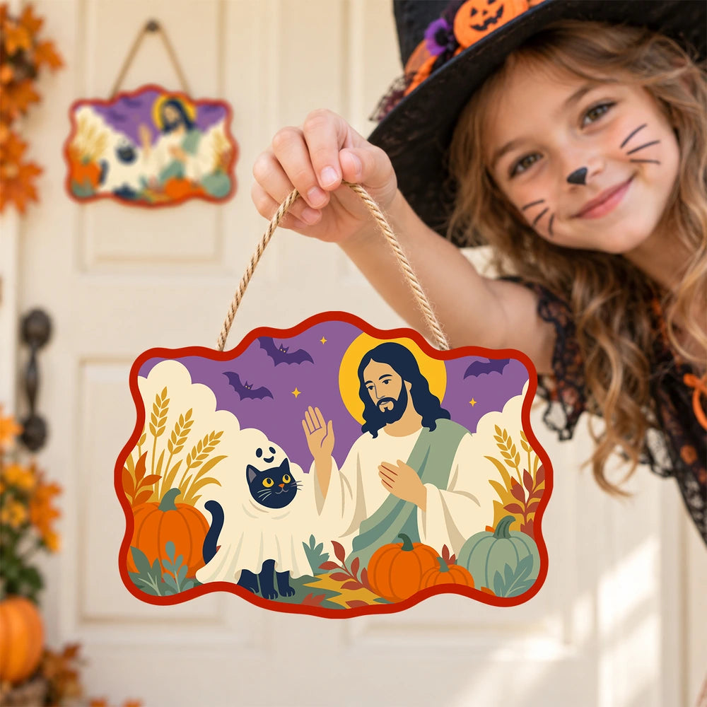 
Paint by Numbers - Wooden Door Hanger | Jesus with a Ghost Cat
