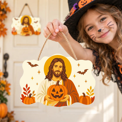 Paint by Numbers - Wooden Door Hanger | Jesus with a Jack-o'-Lantern in Autumn