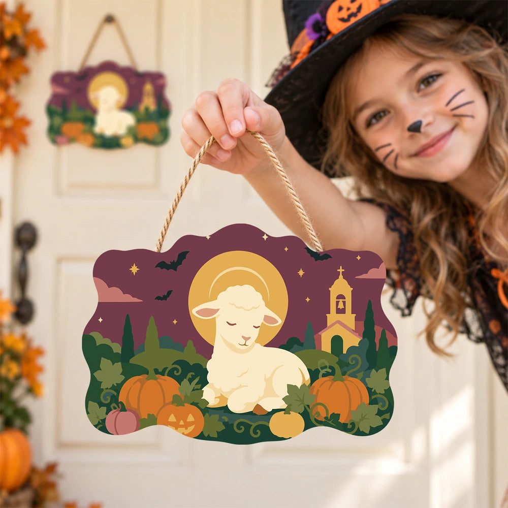 Paint by Numbers - Wooden Door Hanger | Lamb Resting in the Pumpkin Patch