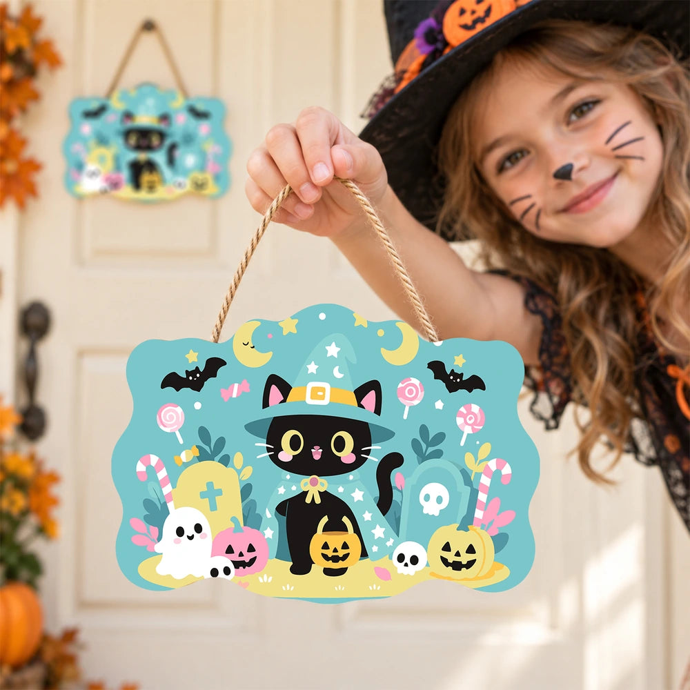 Paint by Numbers - Wooden Door Hanger | Little Black Cat with a Candy Bucket
