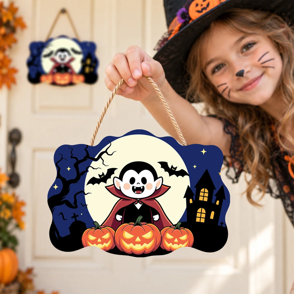Paint by Numbers - Wooden Door Hanger | Little Vampire with Pumpkins