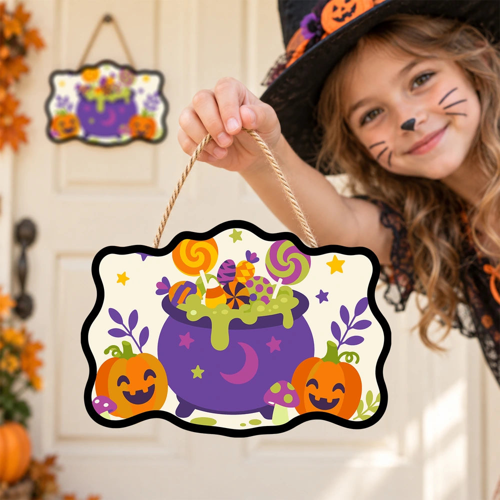 Paint by Numbers - Wooden Door Hanger | Lollipop Cauldron with Pumpkins
