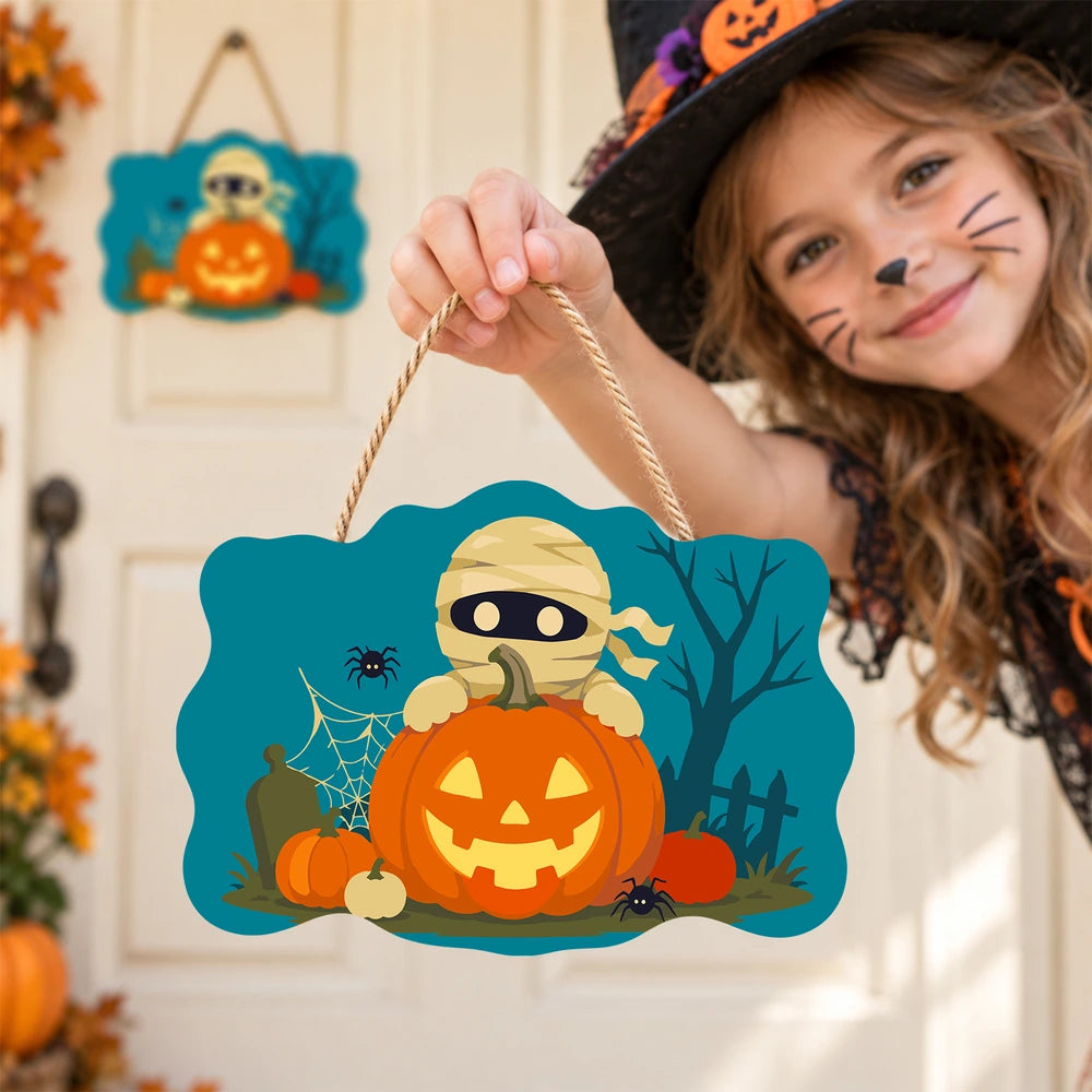 Paint by Numbers - Wooden Door Hanger | Mummy Behind a Jack-o'-Lantern