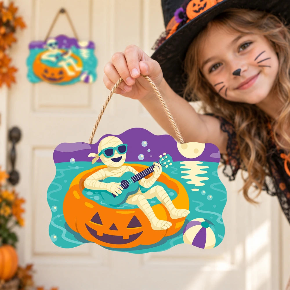 
Paint by Numbers - Wooden Door Hanger | Mummy Playing Ukulele on a Pumpkin Float