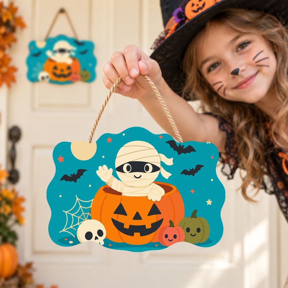 Paint by Numbers - Wooden Door Hanger | Mummy in a Jack-o'-Lantern