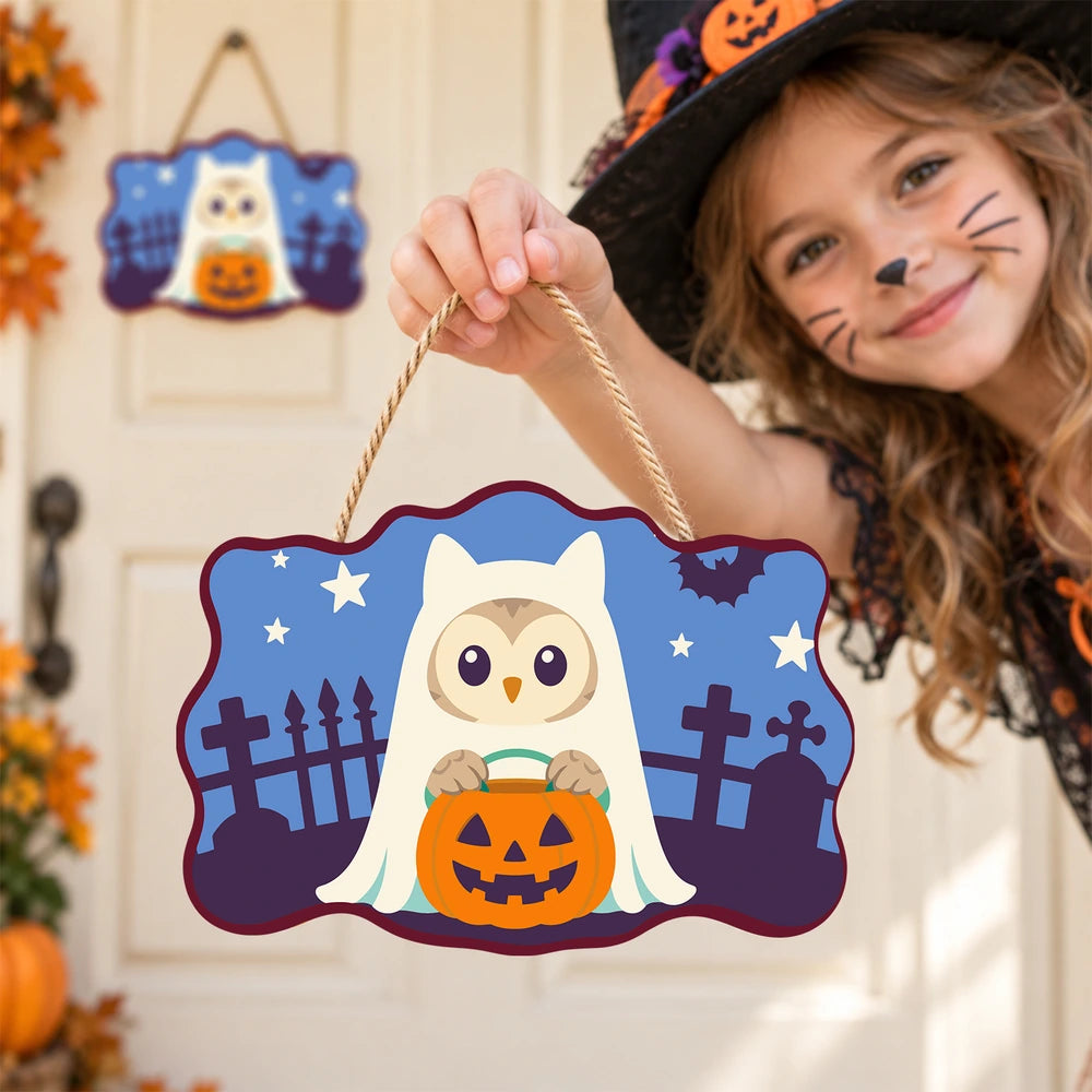 Paint by Numbers - Wooden Door Hanger | Owl Ghost with a Pumpkin