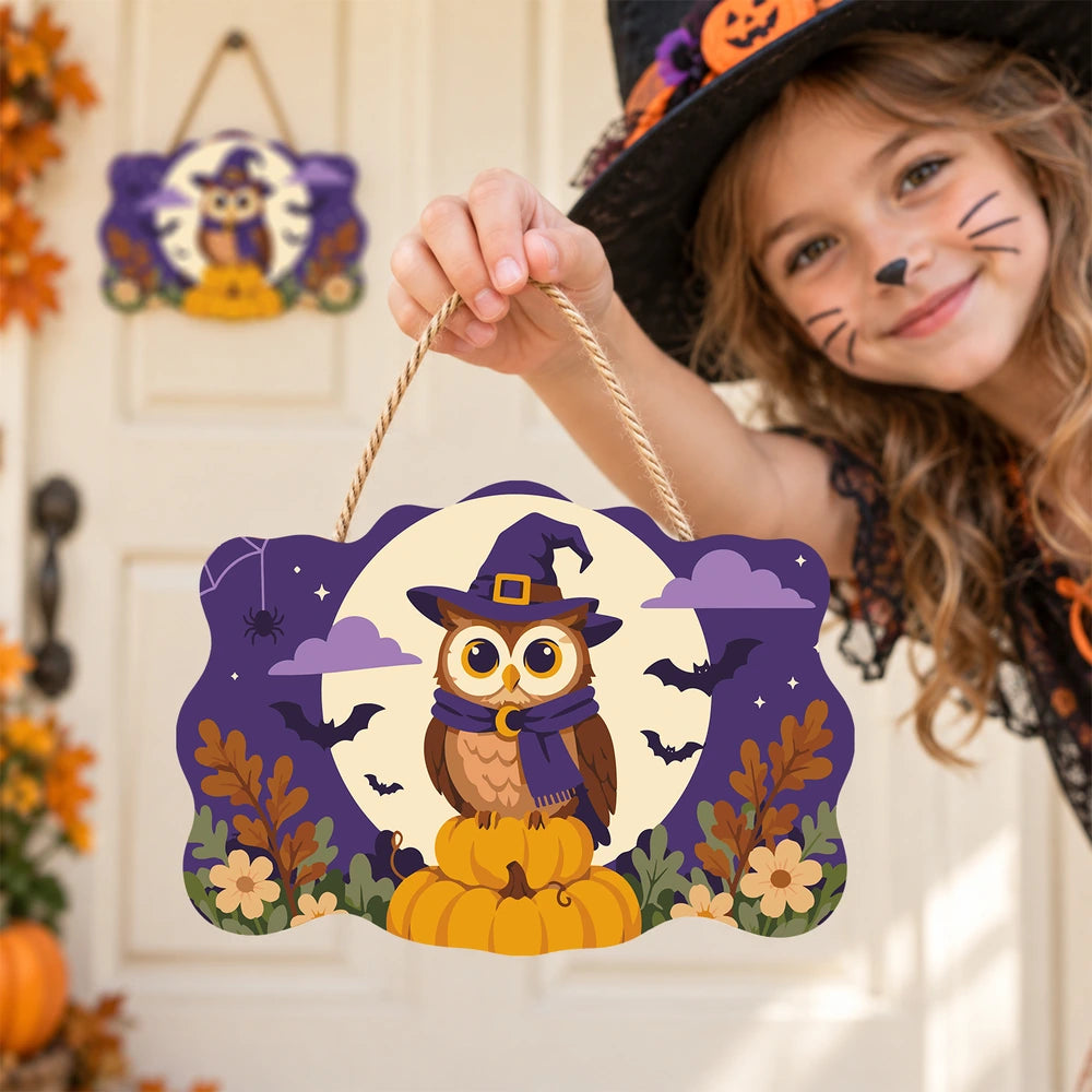 Paint by Numbers - Wooden Door Hanger | Owl in a Witch Hat in the Moon