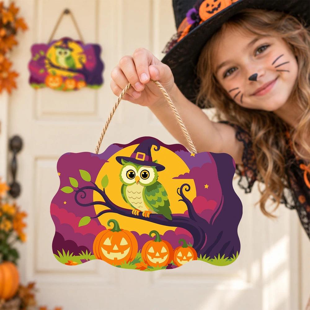 Paint by Numbers - Wooden Door Hanger | Owl in a Witch Hat on a Branch
