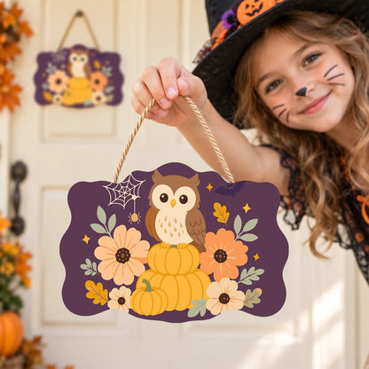 Paint by Numbers - Wooden Door Hanger | Owl on Pumpkins with Flowers
