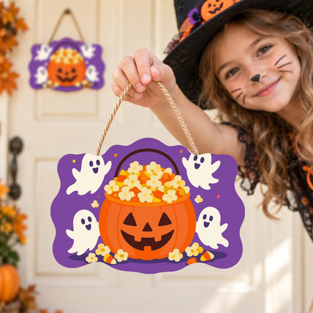 Paint by Numbers - Wooden Door Hanger | Popcorn Pumpkin Bucket with Ghosts