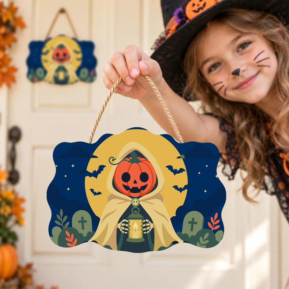 Paint by Numbers - Wooden Door Hanger | Pumpkin Reaper with a Lantern