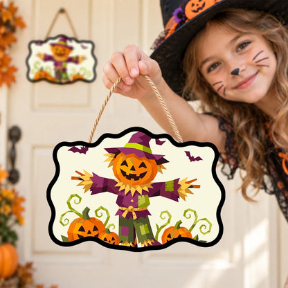Paint by Numbers - Wooden Door Hanger | Pumpkin Scarecrow in Geometric Style