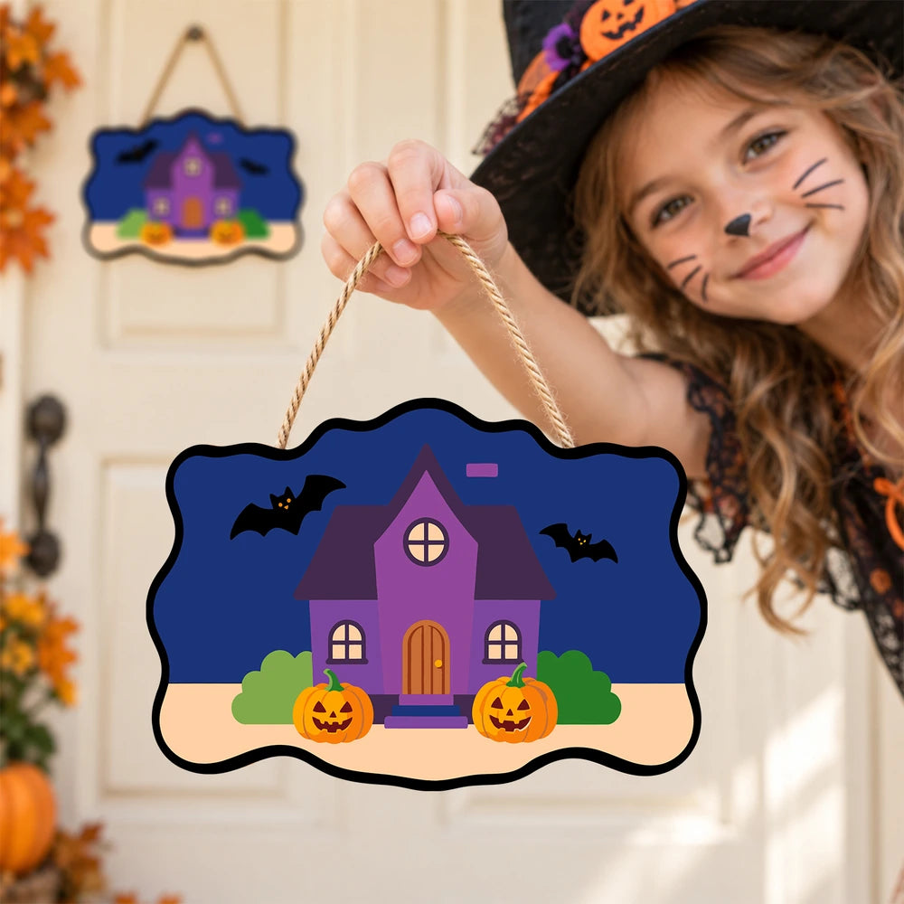 Paint by Numbers - Wooden Door Hanger | Purple Haunted House with Pumpkins