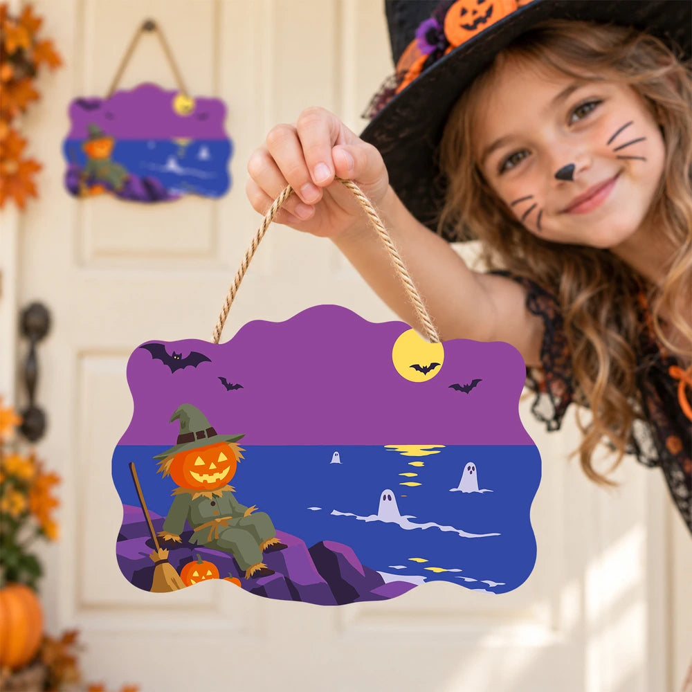 
Paint by Numbers - Wooden Door Hanger | Scarecrow by the Sea at Night