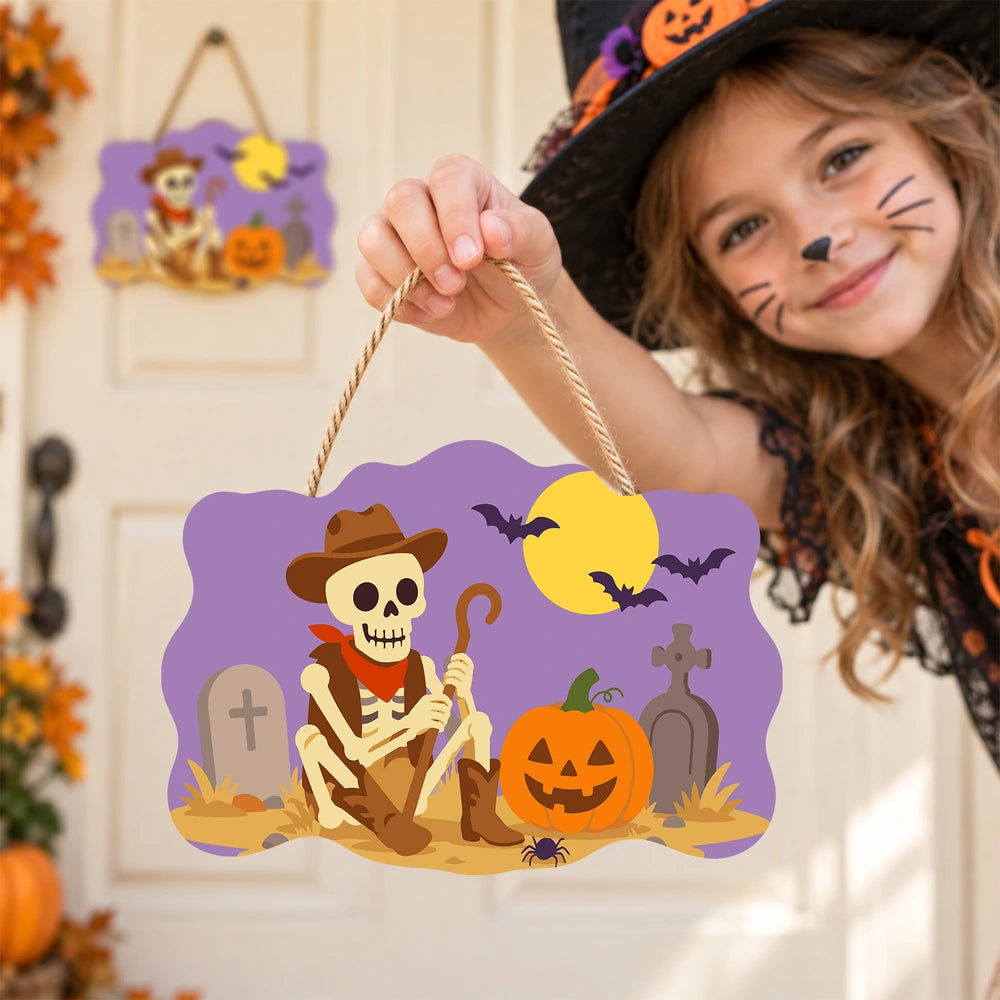 Paint by Numbers - Wooden Door Hanger | Skeleton Cowboy in the Graveyard