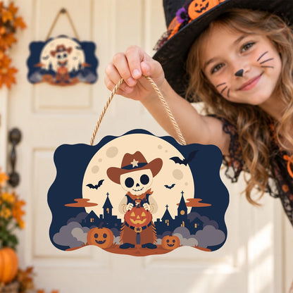 Paint by Numbers - Wooden Door Hanger | Skeleton Cowboy with a Pumpkin