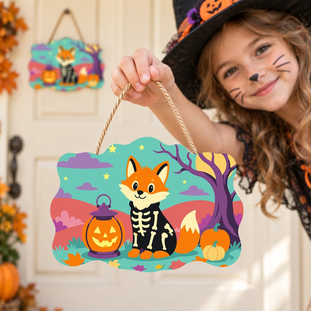 Paint by Numbers - Wooden Door Hanger | Skeleton Fox with a Lantern
