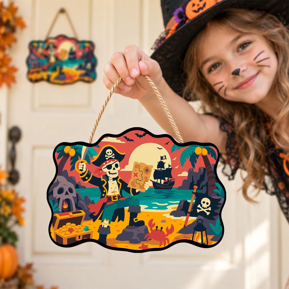 Paint by Numbers - Wooden Door Hanger | Skeleton Pirate with a Treasure Map
