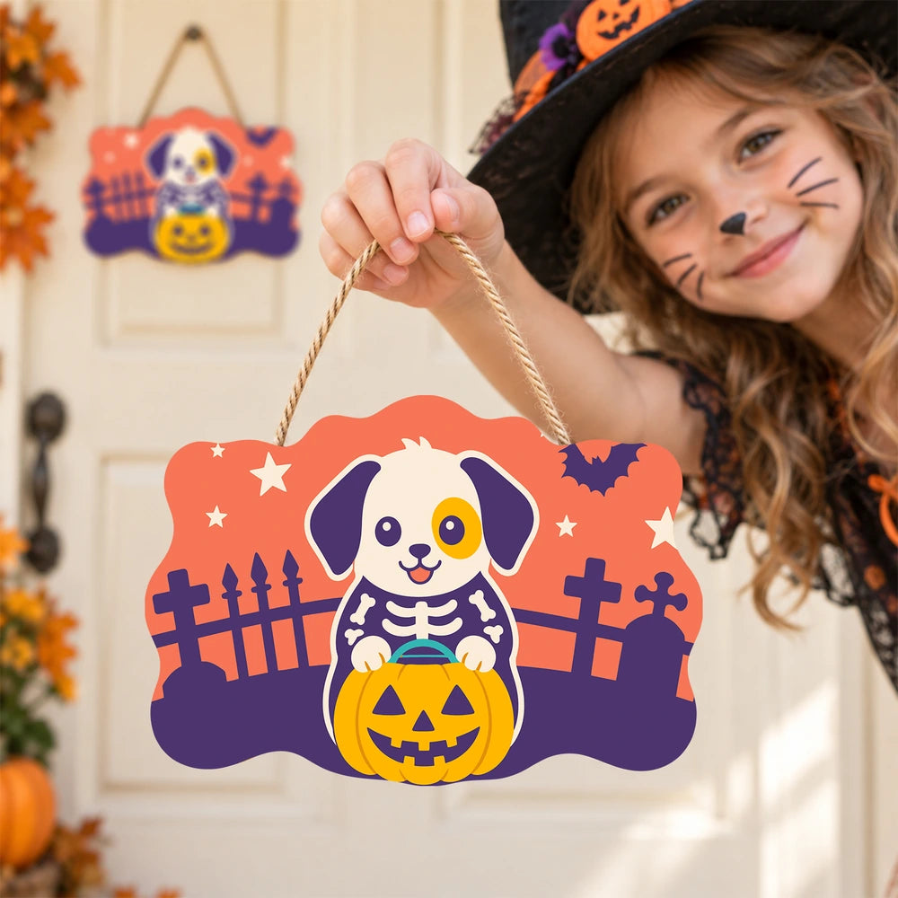 
Paint by Numbers - Wooden Door Hanger | Skeleton Puppy with a Pumpkin