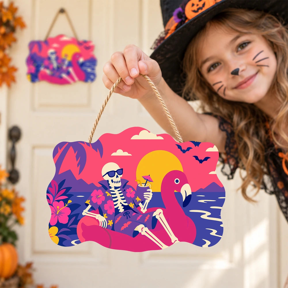 Paint by Numbers - Wooden Door Hanger | Skeleton on a Flamingo Float